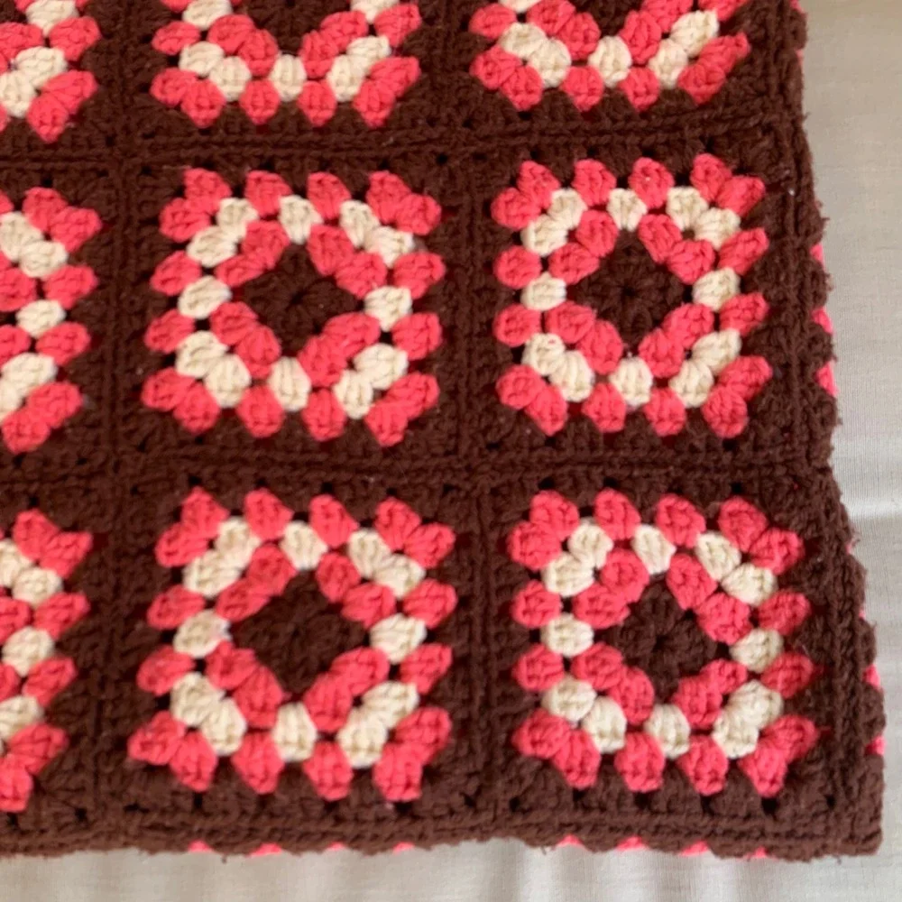 Handmade Granny Square Crochet Throw Blanket Afghan Brown Pink 63x42 Retro Boho